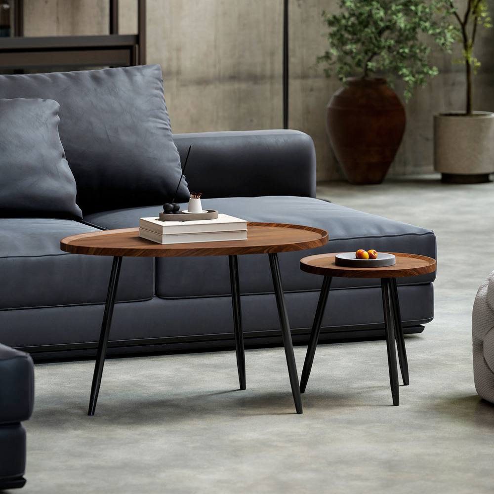 Homcom Cm Sofa Side Table Set Of With Metal Legs, Chestnut Wood Effect In Brown