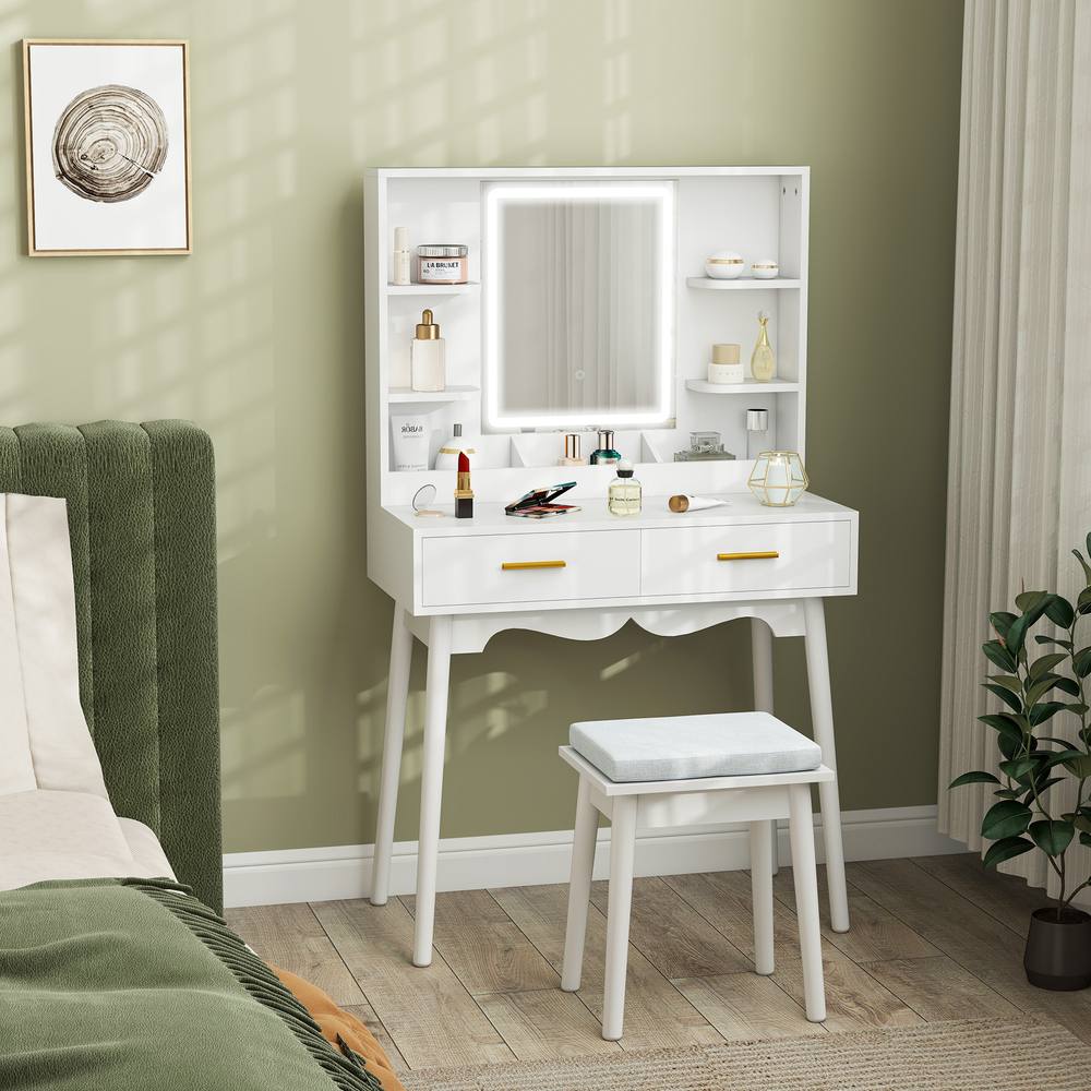Homcom Dressing Table With Led Lighted Mirror And Cushioned Stool White