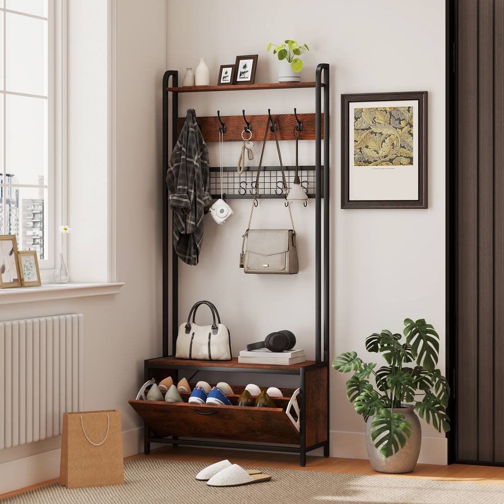 Homcom Industrial Hall Tree Coat Rack Stand With Shoe Cabinet In Brown