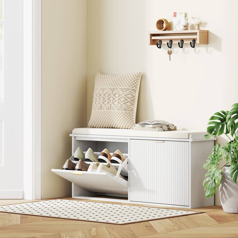 Homcom Shoe Storage Bench With Cushion And Flip-Drawer XX.Cm In White