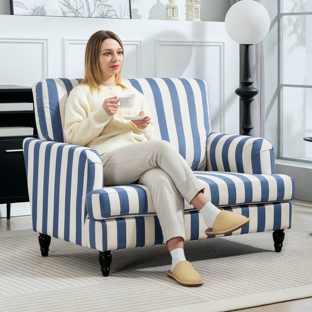 Homcom Cuddle Chair With Stripe, Armchair For Living Room, Blue And White