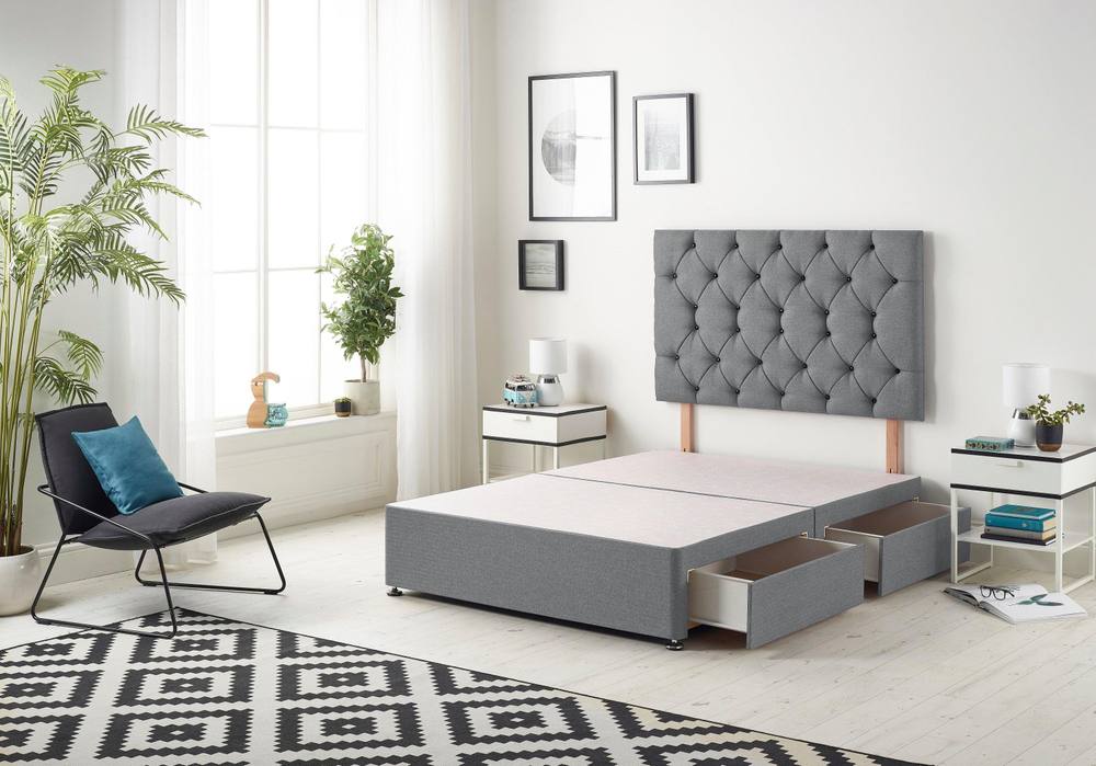Somnior Premier Divan Bed Base With Drawers And Upholstered Headboard Plush Velvet In Charcoal
