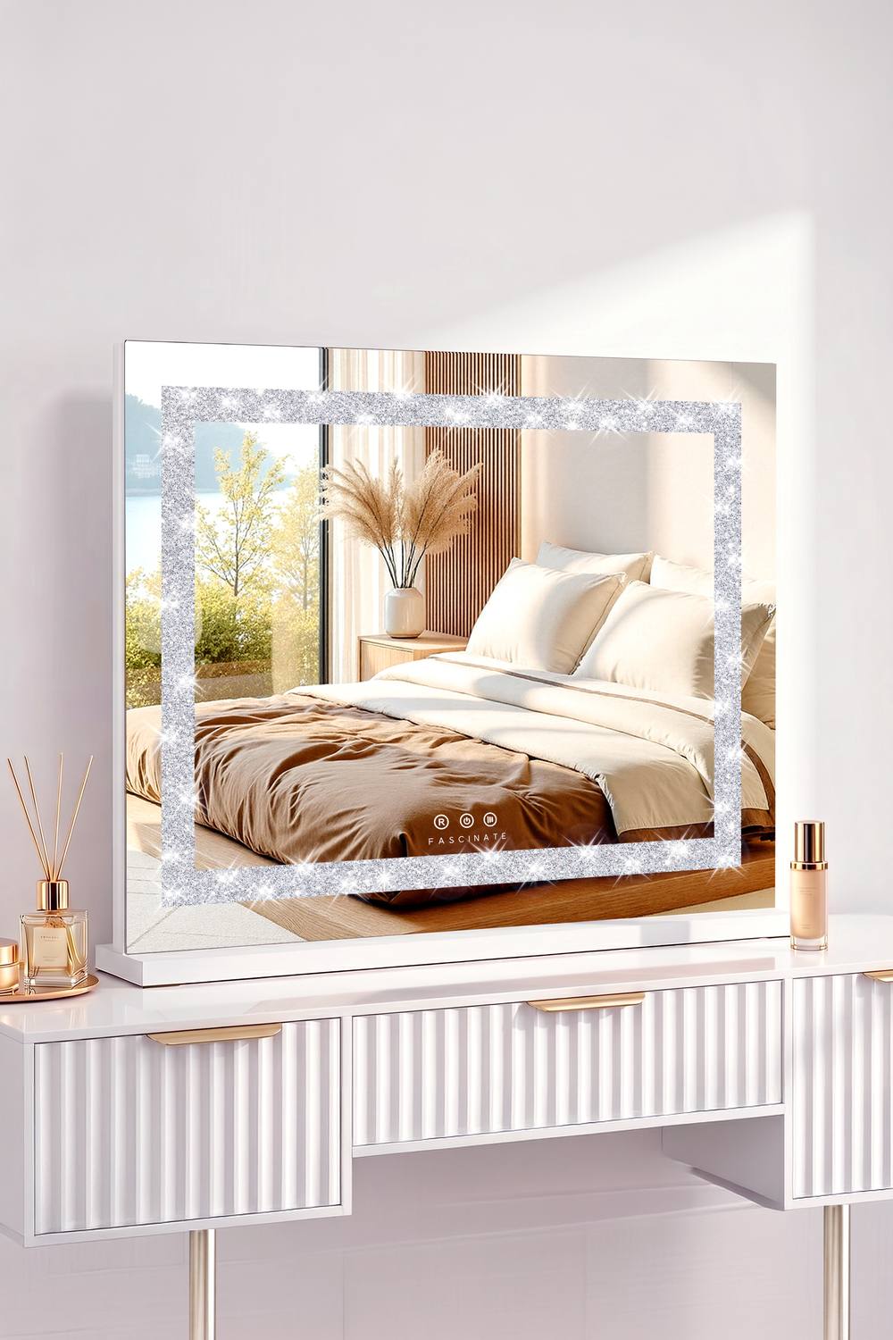 Fascinate Hollywood Vanity Makeup Mirror Crushed Diamonds Dimmable Led Large XCm In White