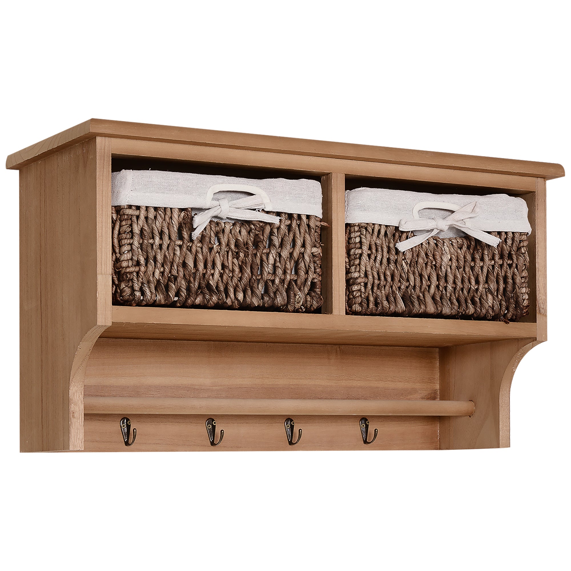 MCL Entryway Coat Rack Wall Mounted Shelf w Corn Husk Baskets and Hooks, Brown