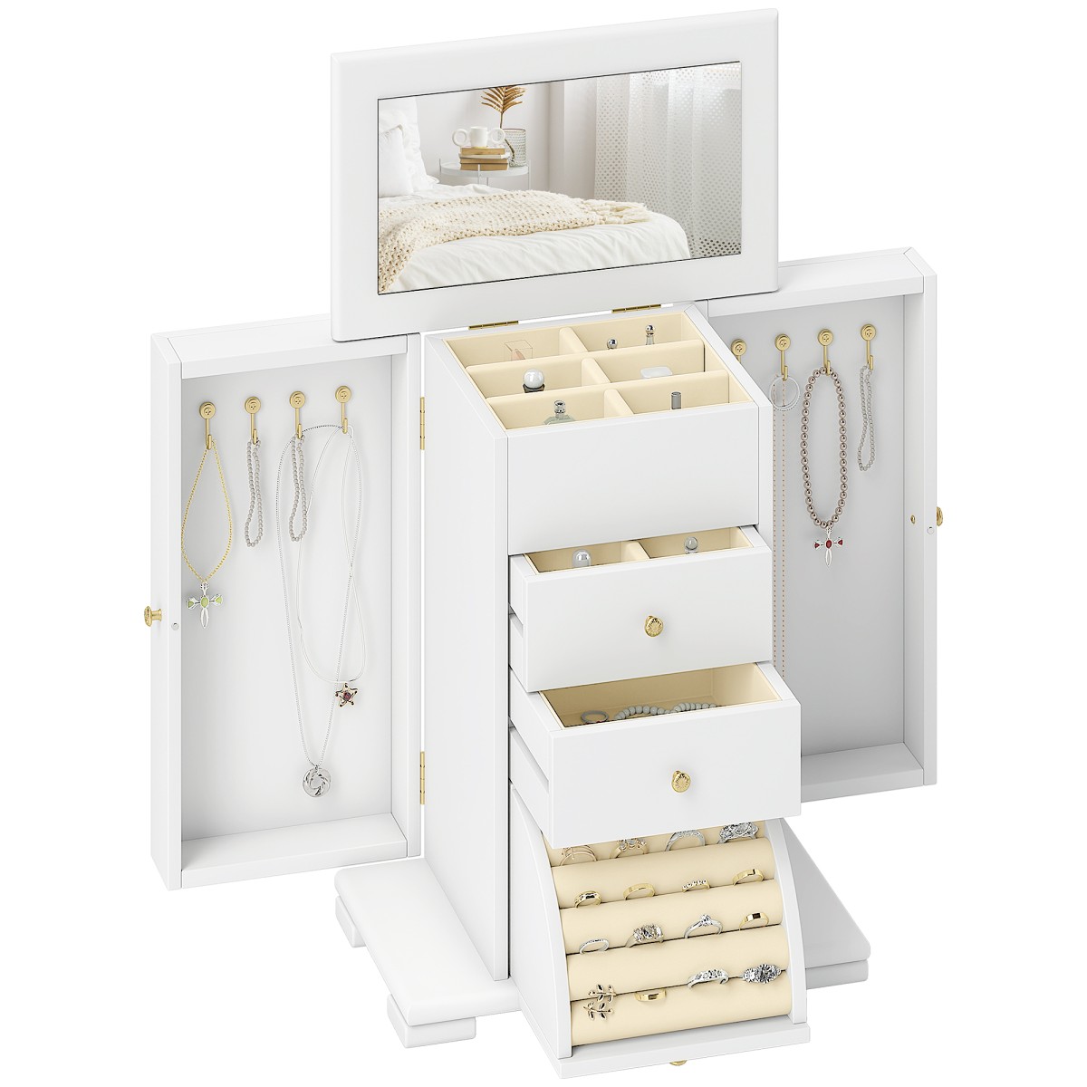 HOMCOM -Tier Large Jewellery Box with Mirror and Drawers, White