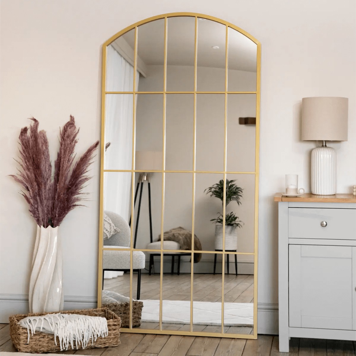 Tomi- Full Length Gold Metal Arched Lattice Window Mirror - x