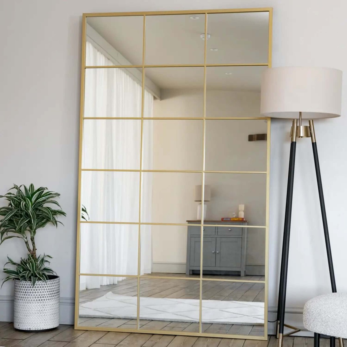 Kyō - Full Length Gold Metal Rectangle Lattice Window Mirror - x