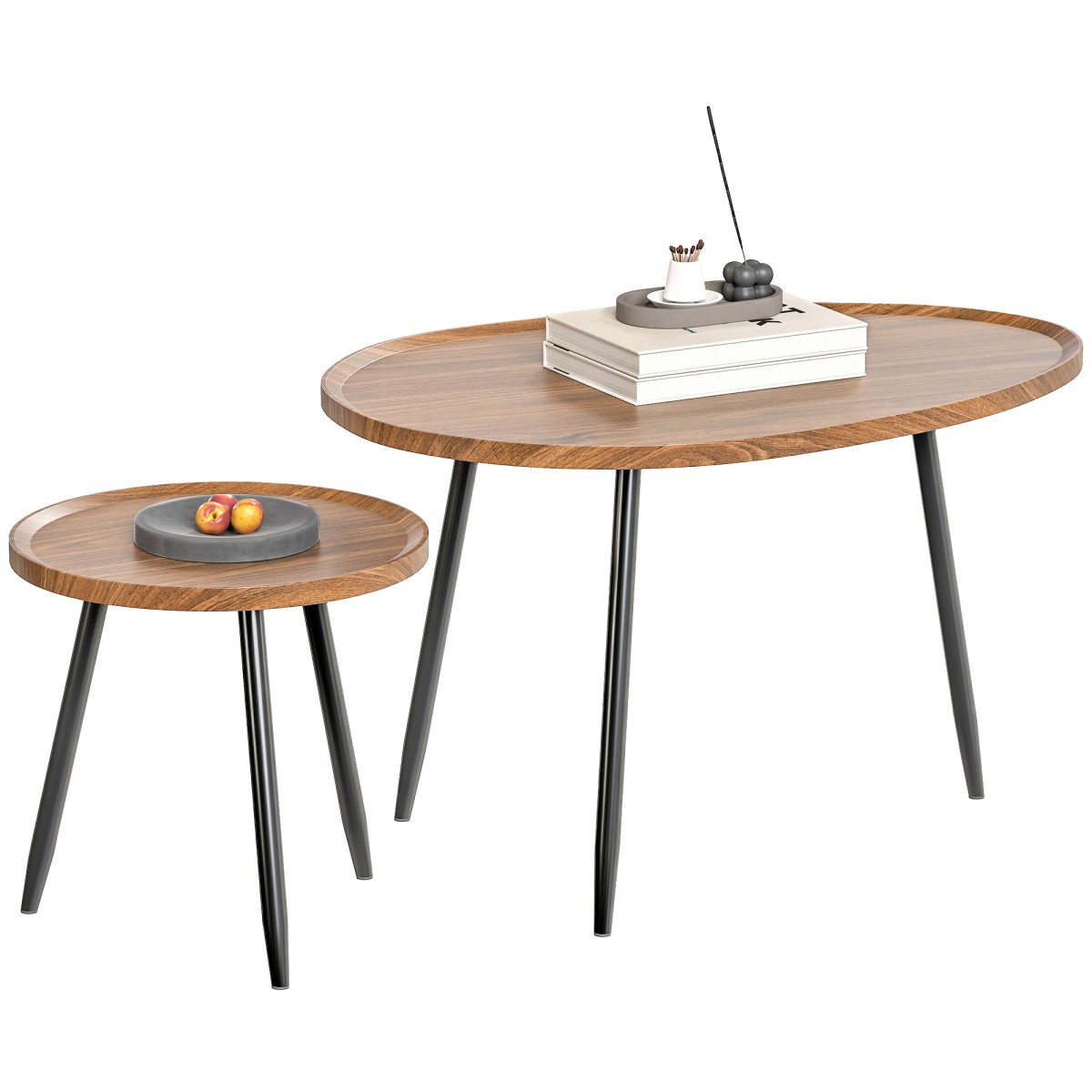 HOMCOM Sofa Side Table Set of with Metal Legs, Chestnut Wood Effect