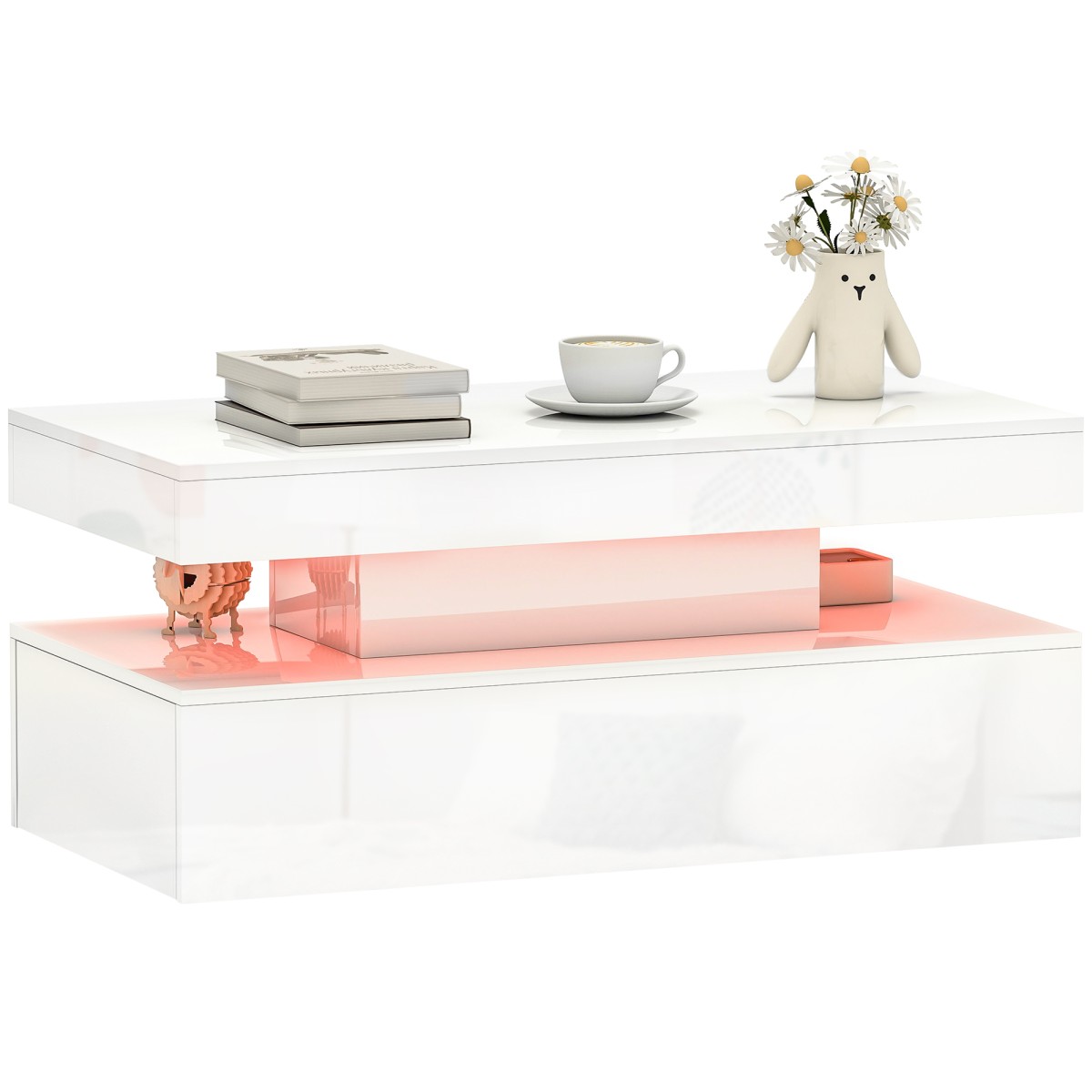 HOMCOM LED Coffee Table with Storage, High Gloss Living Room Table, White