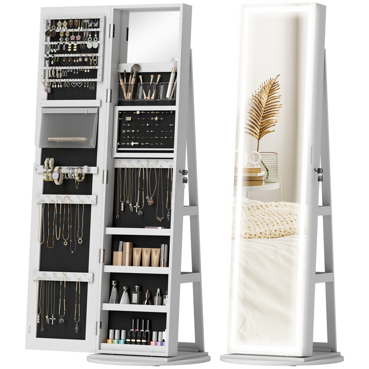 HOMCOM ° Swivel Jewellery Cabinet, Full Length Mirror with Storage, White