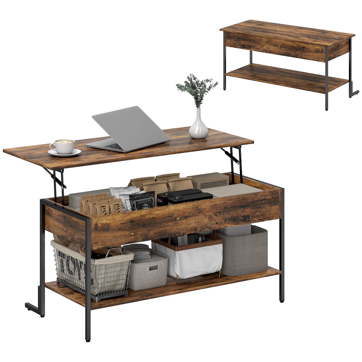 HOMCOM Industrial Lift Top Coffee Table with Storage Shelf Rustic Brown