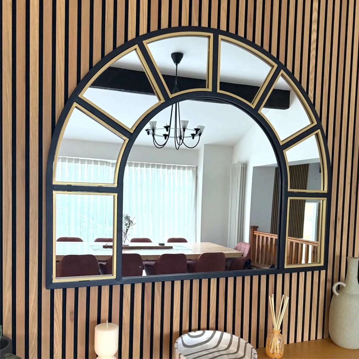 Mio - Black & Gold Metal Arched Window Mirror - x