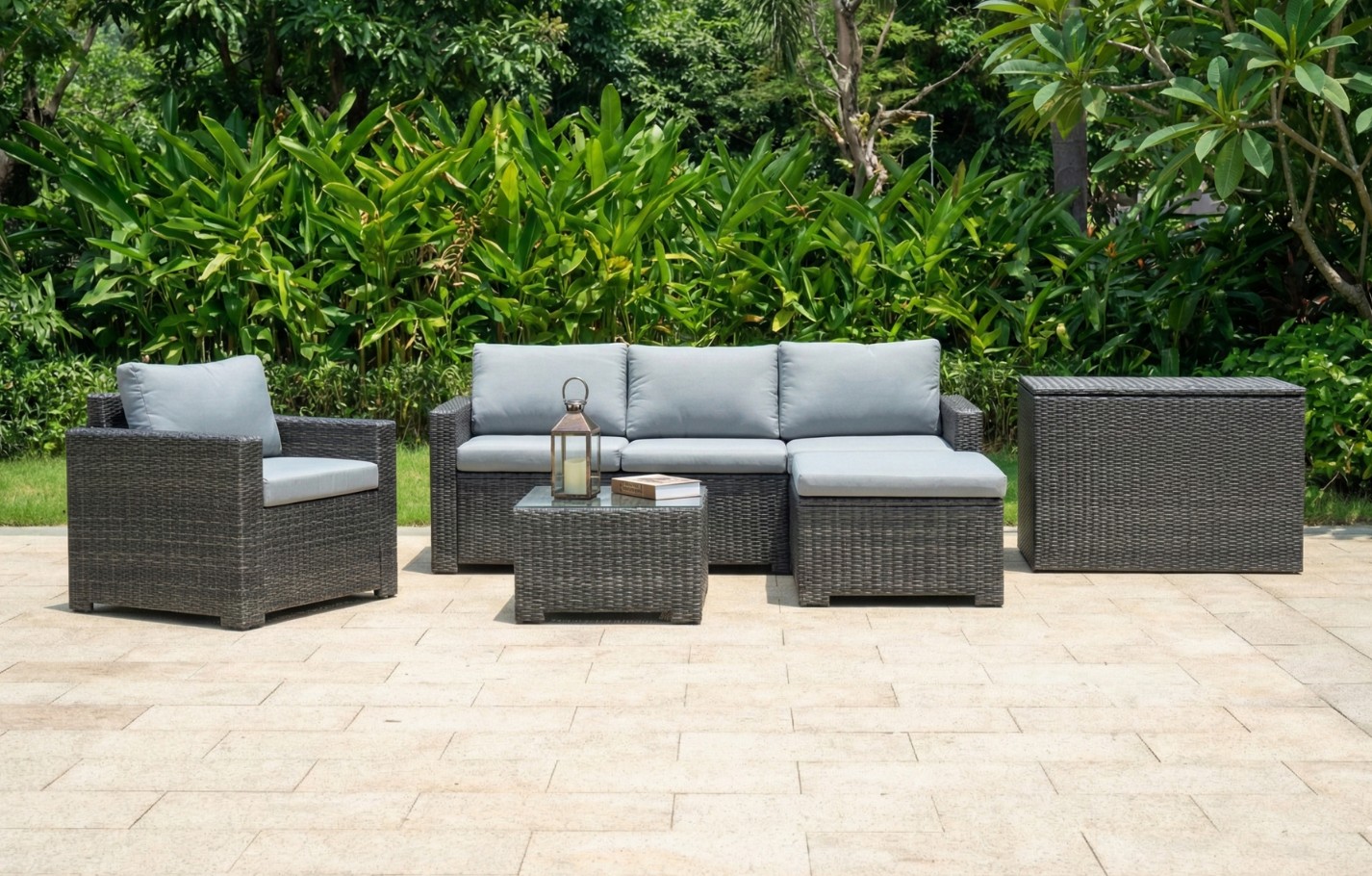 Marbella Grey Seater Chaise Garden Sofa Set and Cushion Box Bundle