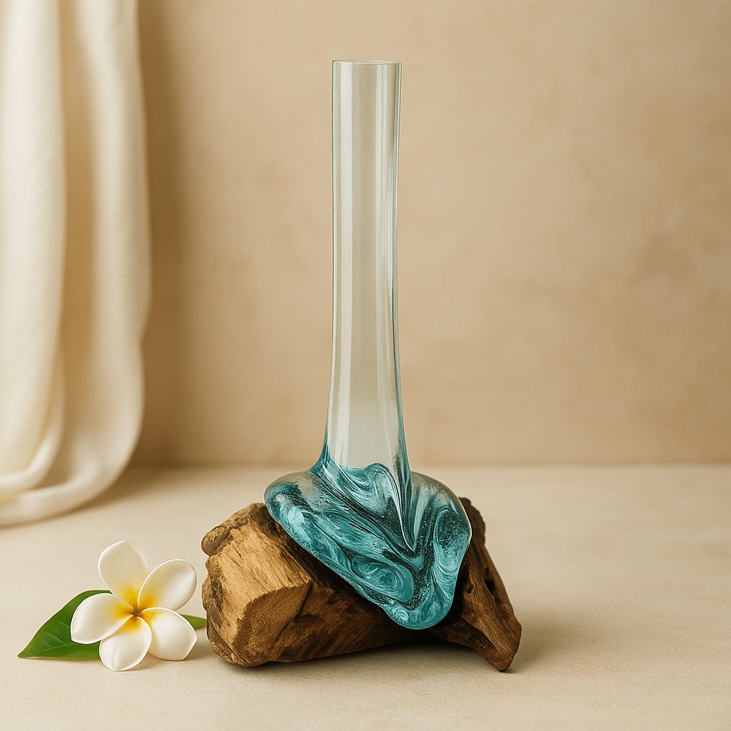 Molten Glass Vase On Wood Stand