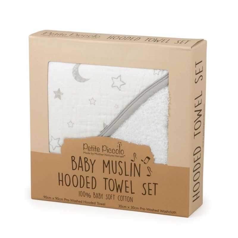 Petite Piccolo Hooded Bath Towel & Washcloth Set Moon & Stars