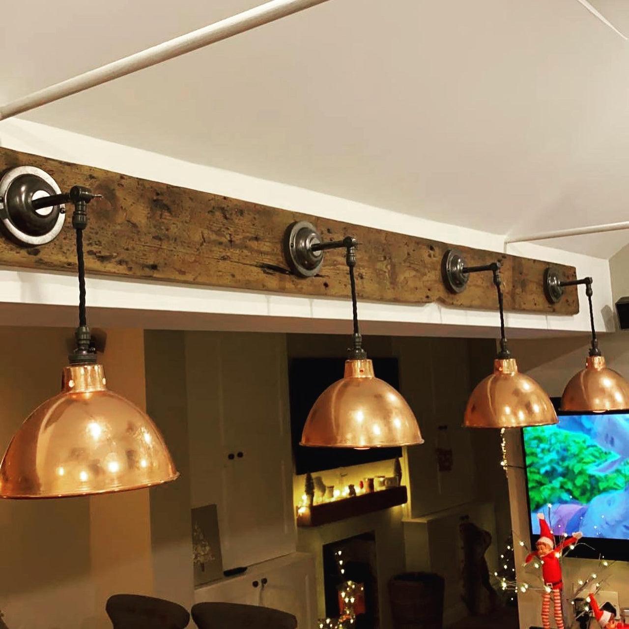 Multi sconce timber backed wall light - lamp holders with copper shade