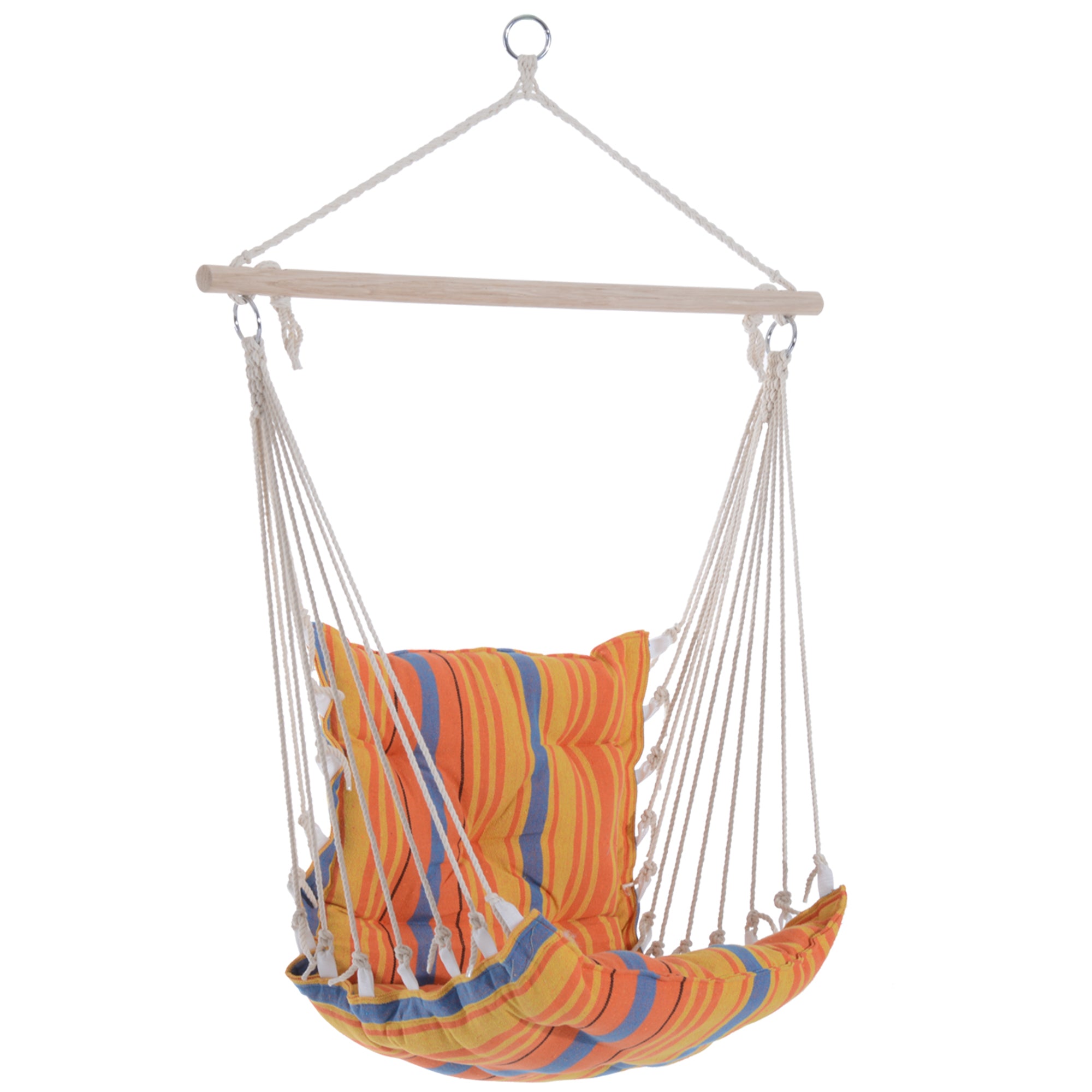 MCL Outdoor Hanging Rope Chair with Soft Padded Seat & Backrest, Garden Hammock Chair with Wooden Support Bar Cotton Cloth, Portable Garden Chair for