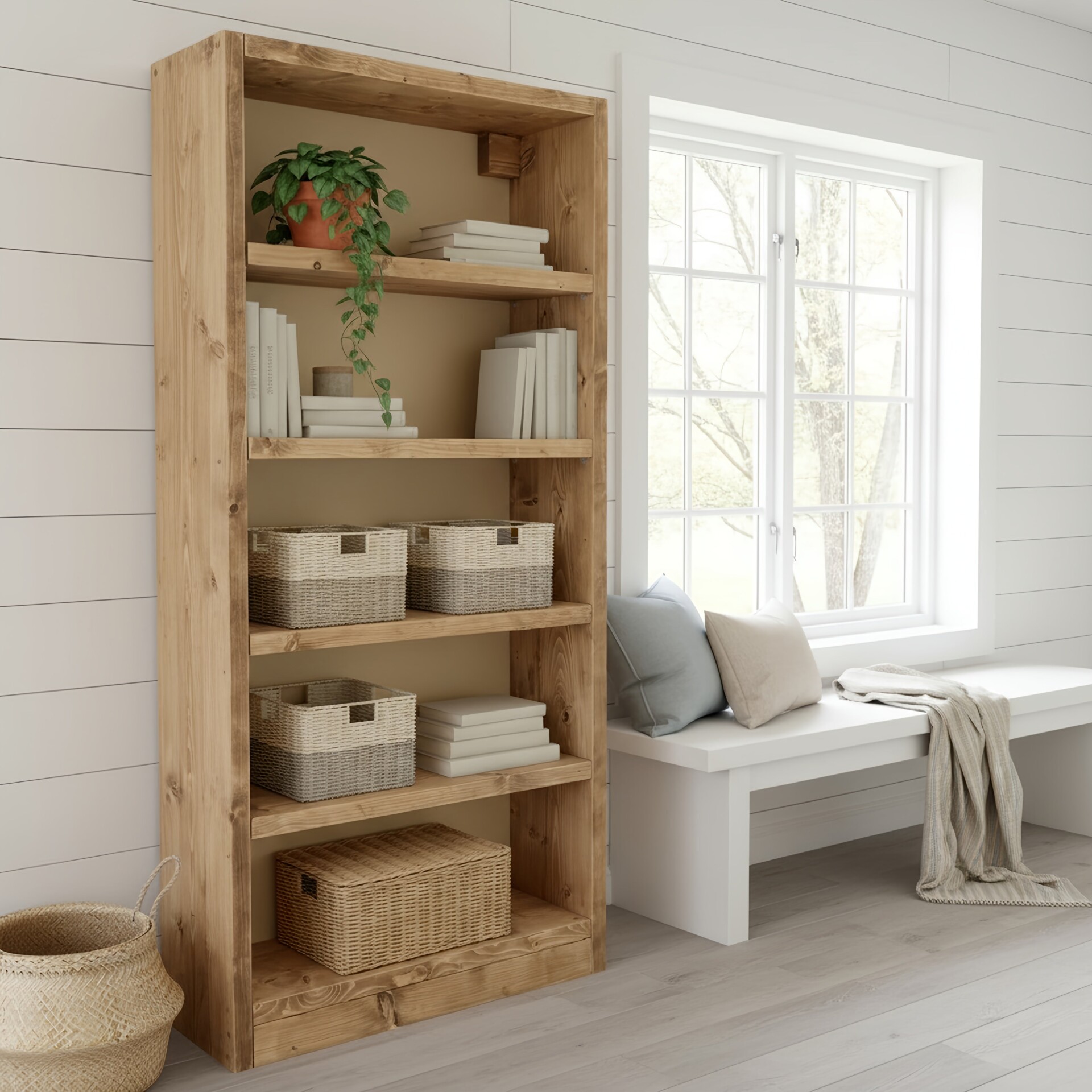Solid Wood Bookshelf Natural Finish Open Bookcase, Rustic Scandinavian Design - Walnut HxW Shelves