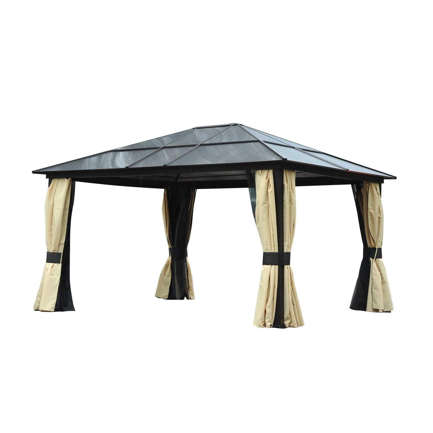 MCL . x m Hardtop Gazebo Canopy with Polycarbonate Roof and Aluminium Frame, Garden Pavilion with Mosquito Netting and Curtains