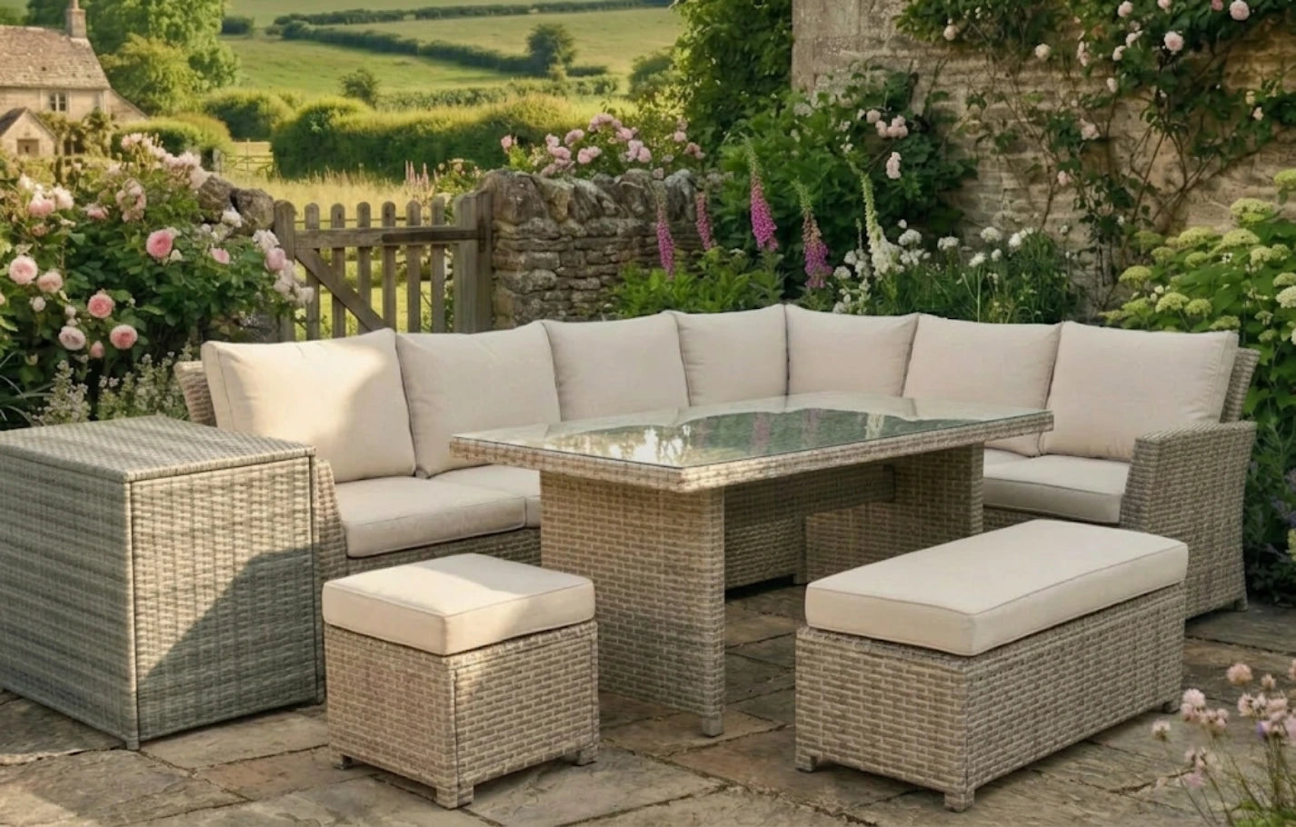 Palma Beige Corner Rattan Seater Garden Dining Lounge Set and Cushion Storage Box Bundle