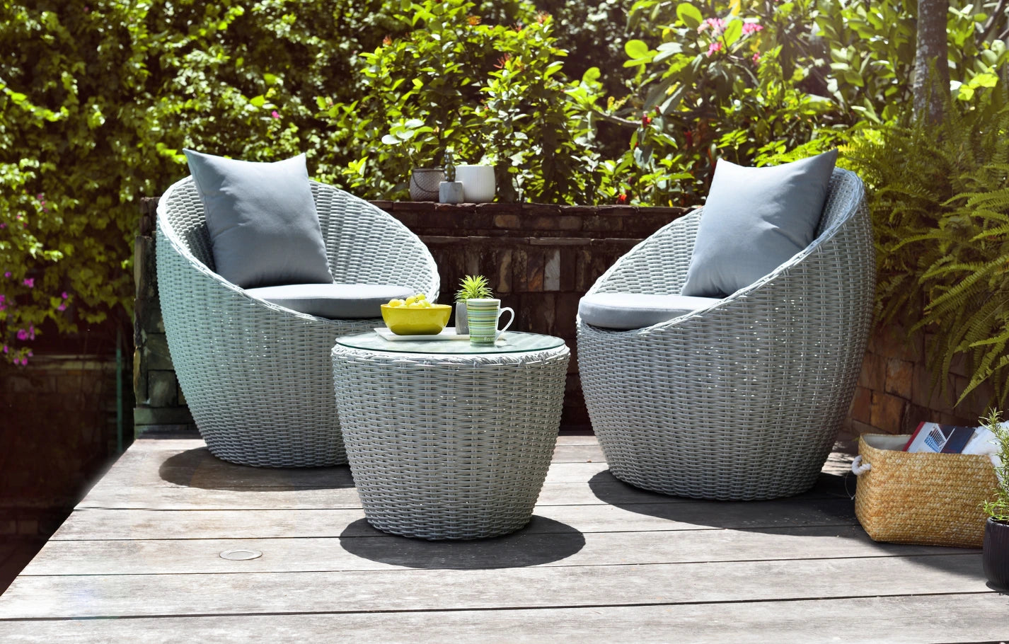 Pod Seater Round Rattan Bistro Grey Garden Set for Balcony Cushions & Glass Table