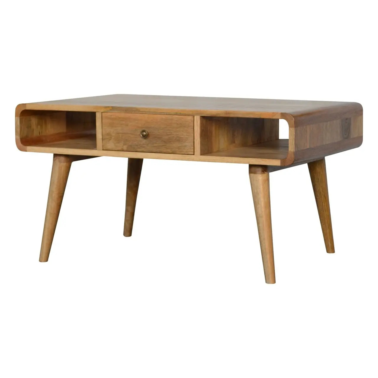 Curved Oak-Ish Coffee Table % Solid Mango Wood with Storage