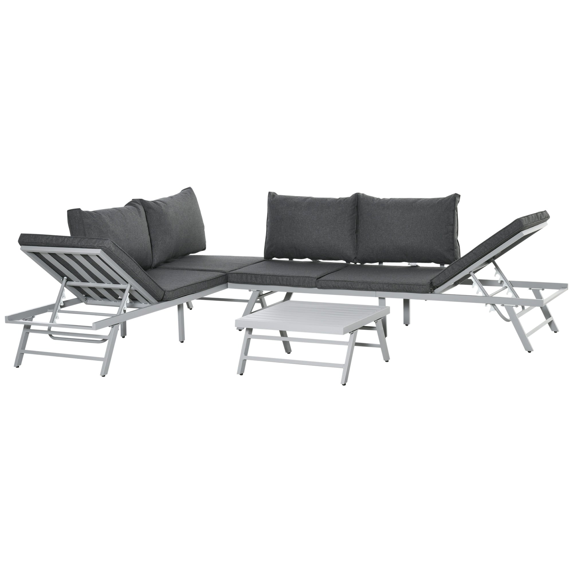 MCL Pieces Garden Furniture Sets, Seater Corner Sofa Set with Adjustable Backrest Chase Lounge with Slatted Metal Top Table, Padded Cushion, Grey