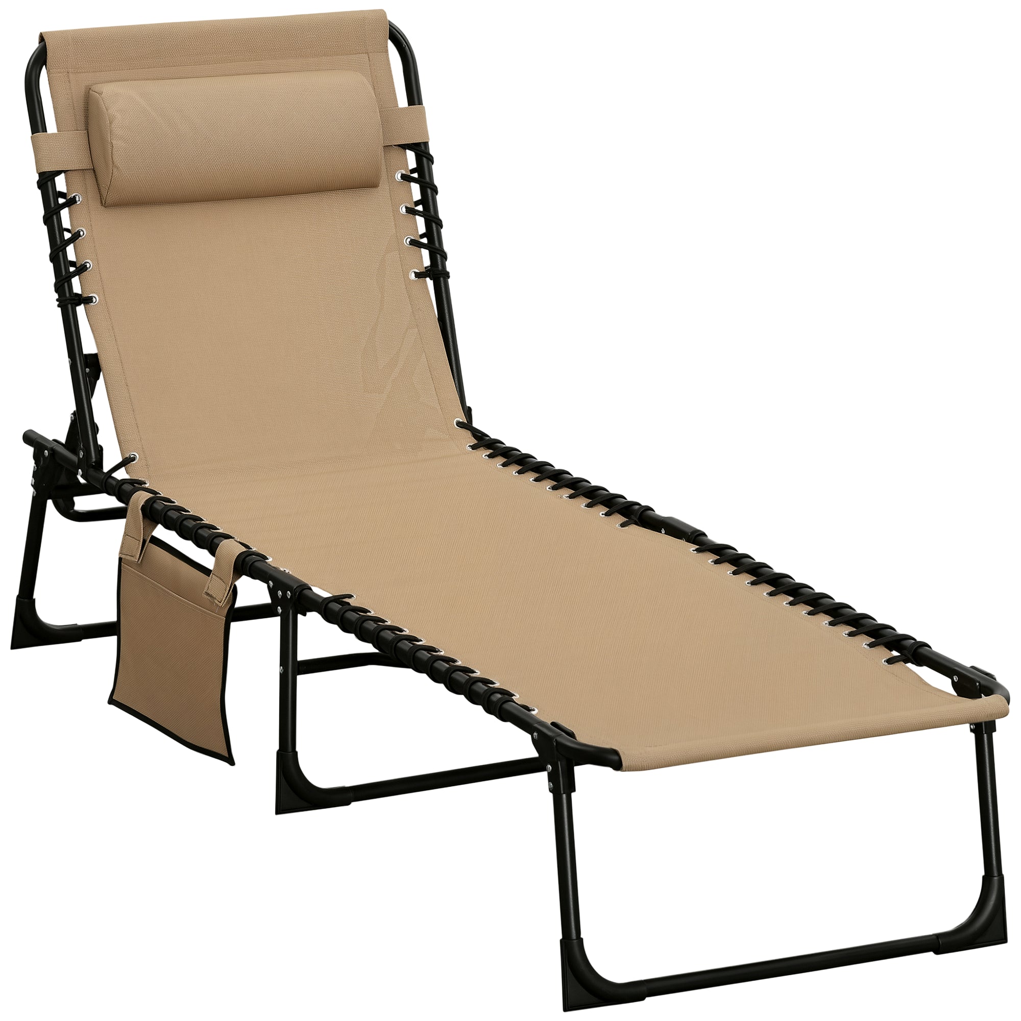 MCL Portable Sun Lounger, Folding Camping Bed Cot, Reclining Lounge Chair -position Adjustable Backrest with Side Pocket, Pillow for Patio