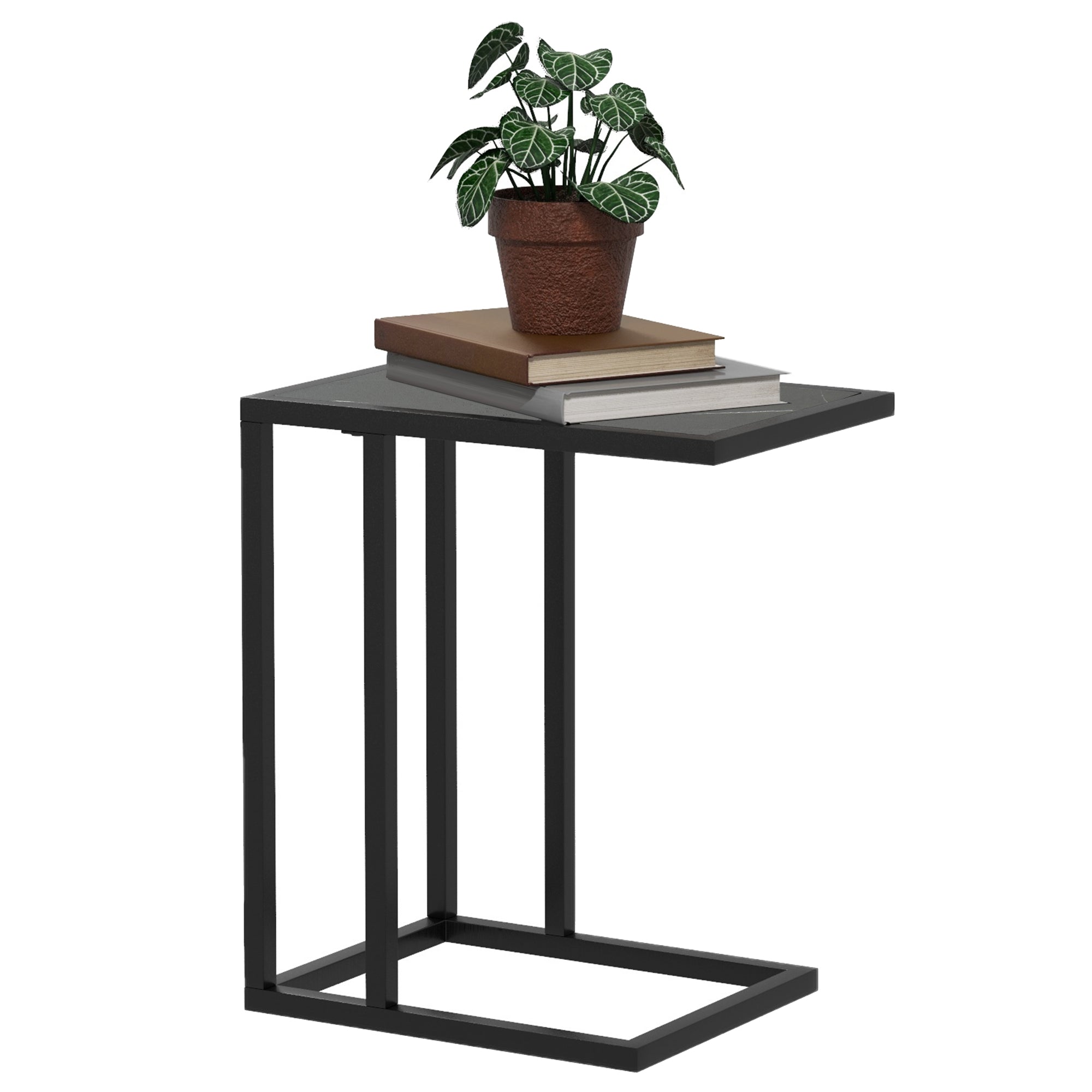 MCL C Shape Bedside Table wMetal Frame Marble-Effect Top Sofa Narrow Snack End Table for Living Room, Black