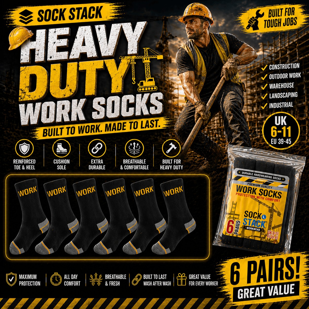 Pairs Mens Heavy Duty Work Socks Cushion Sole Reinforced Toe Heel Durable Black Boot Sock for Construction Outdoor Jobs Walking Sizes - R