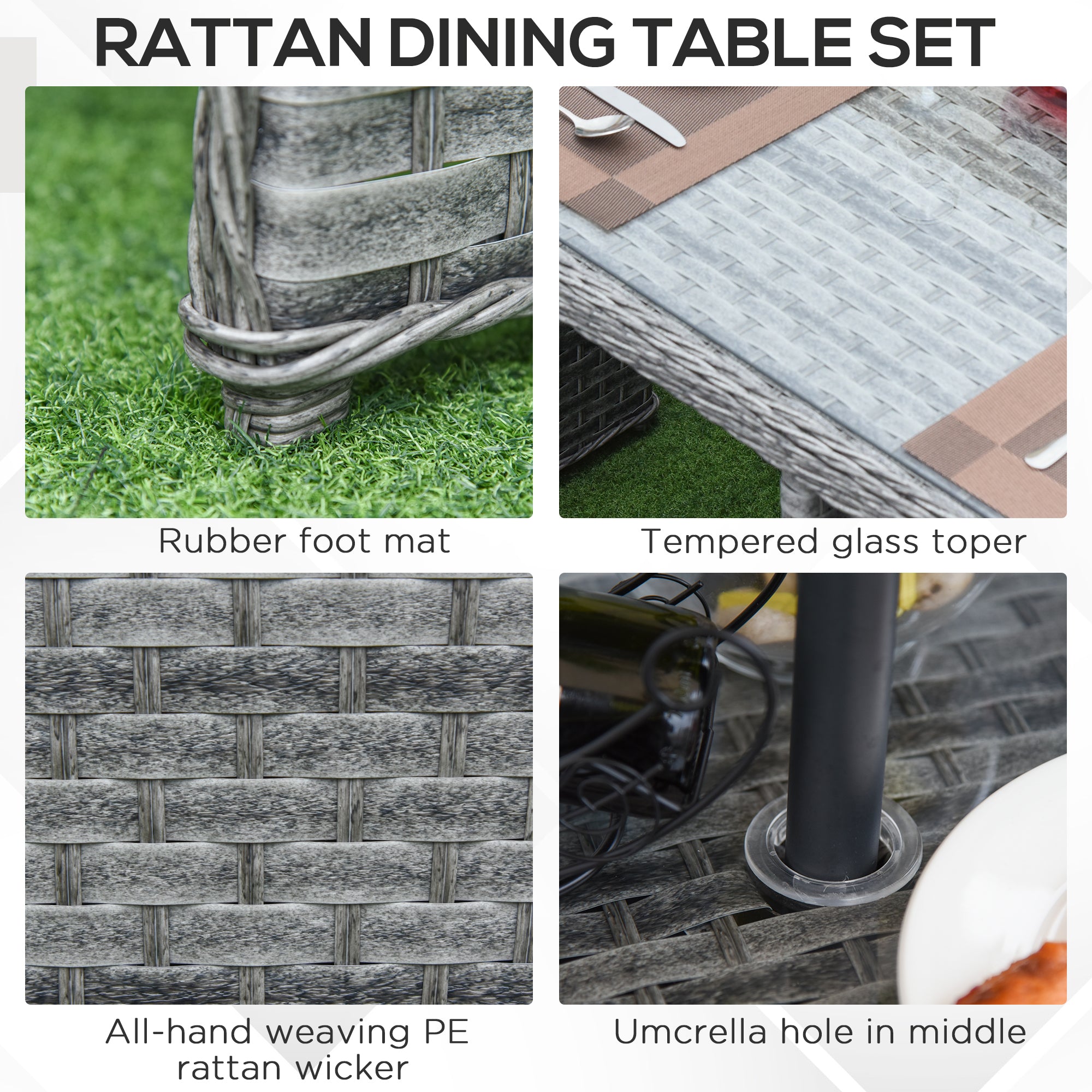 PCs Rattan Dining Table Chair Set -seater Cube Sofa & Umbrella Table Grey