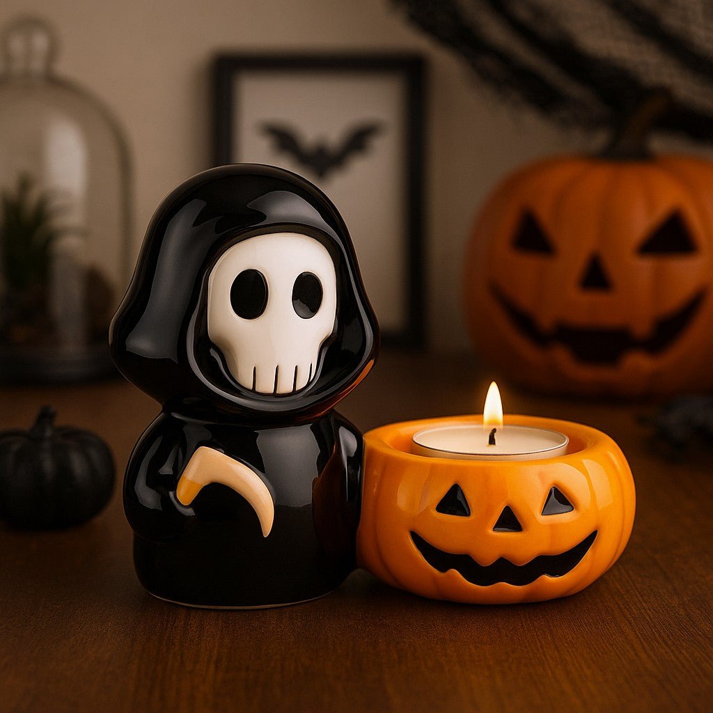 Tealight Candle Holder Halloween Ceramic Skull Grim Reaper