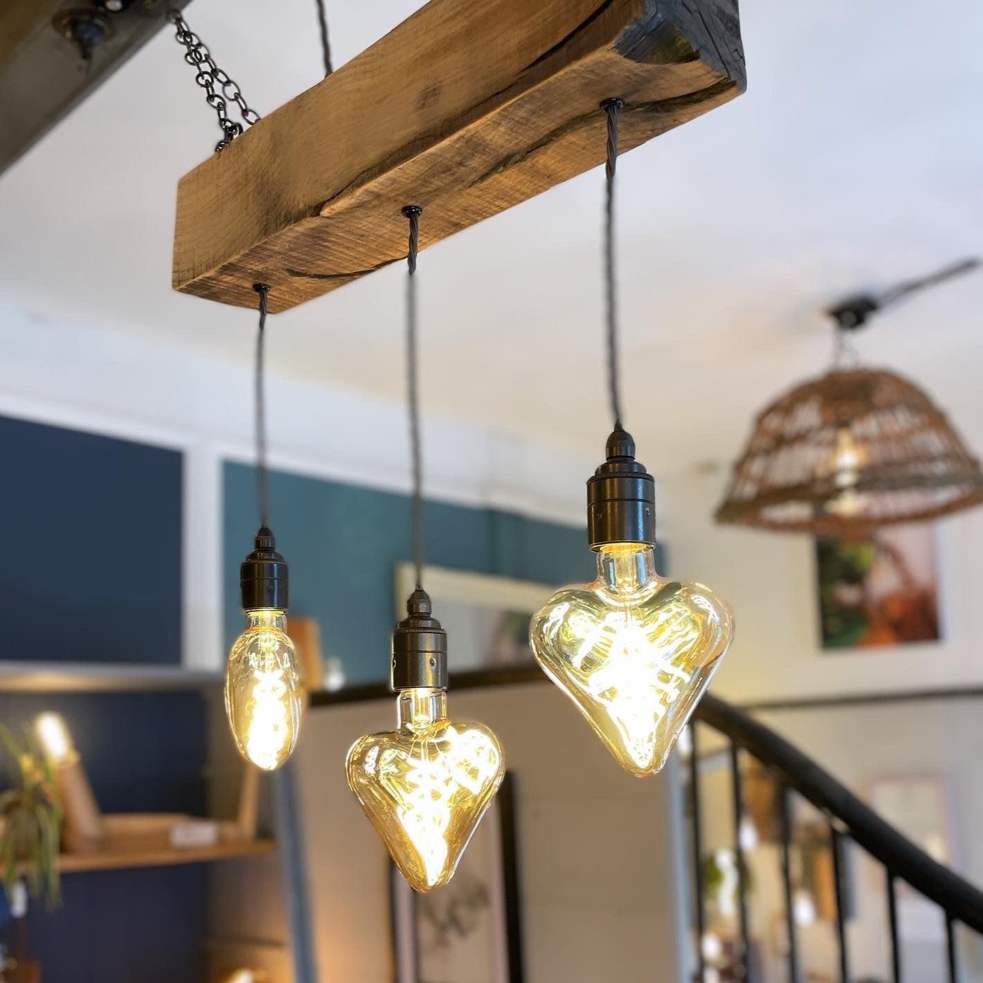 Triple Heartwood Elegance: Oak Chandelier with Three-Bulb Ceiling Cluster Pendant Light - no bulbs oak