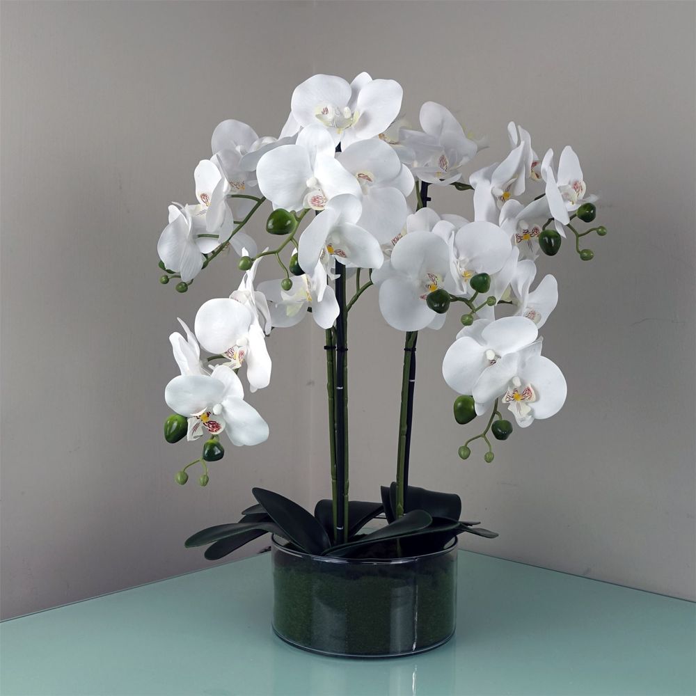 Artificial Orchid with Glass Planter White