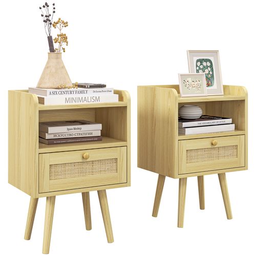 Bedside Tables, Set of , Boho Side End Table w Drawer, Storage Compartment