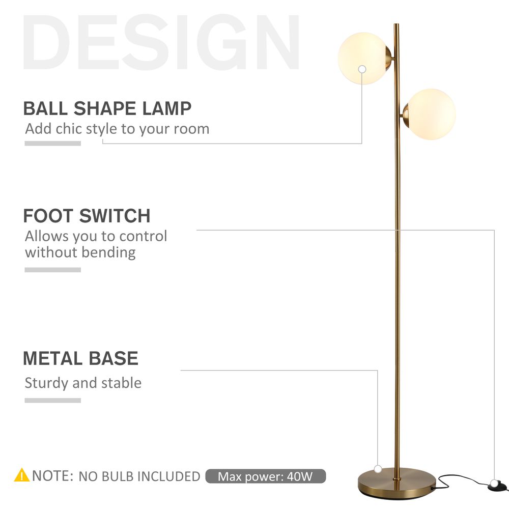 HOMCOM Lights Tree Floor Lamp for Living Room with Globe Lampshade, Standing Lamp for Bedroom, Bulb not Included, Gold Tone