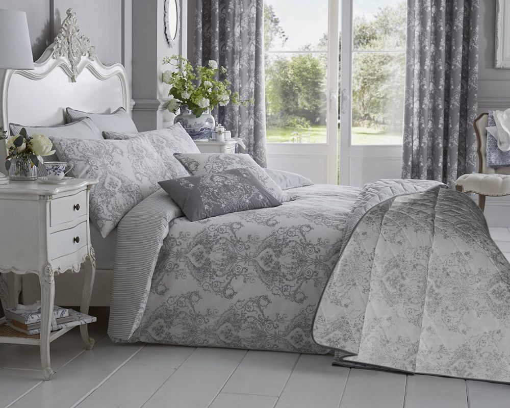 Toile Thread Count Cotton Rich Duvet Cover Set - Single Bed Grey