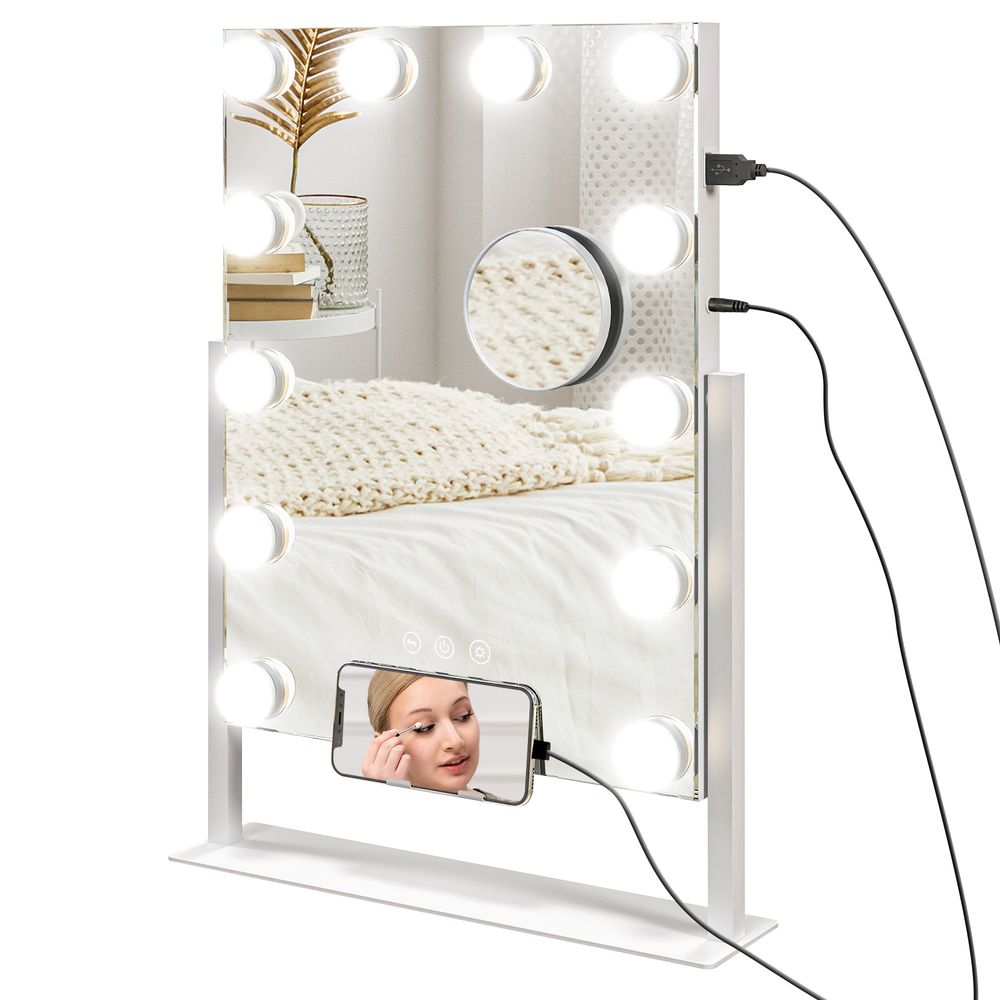 HOMCOM Hollywood Lighted Makeup Mirror with Magnifier, B Port, Phone Holder