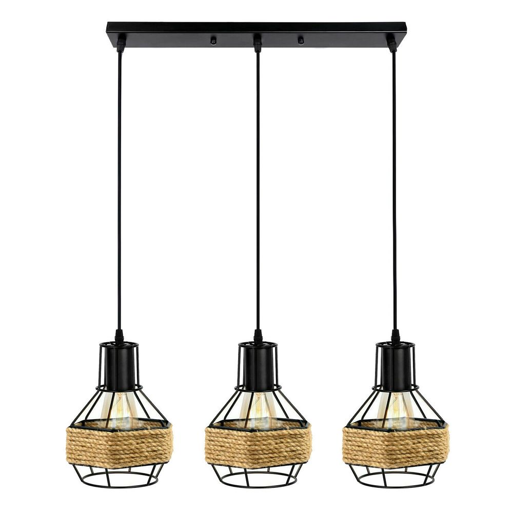 Vintage Retro Industrial Hemp Hanging Light Shade Ceiling Pendant Lights - without bulb Black + Hemp