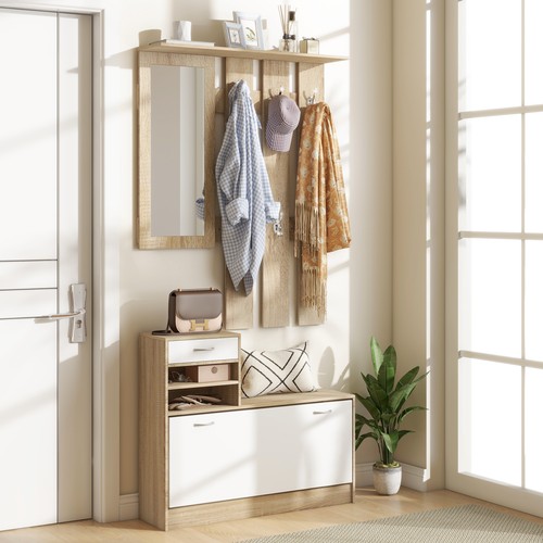 HOMCOM Hallway Furniture Set with Shoe Cabinet, Coat Rack and Mirror
