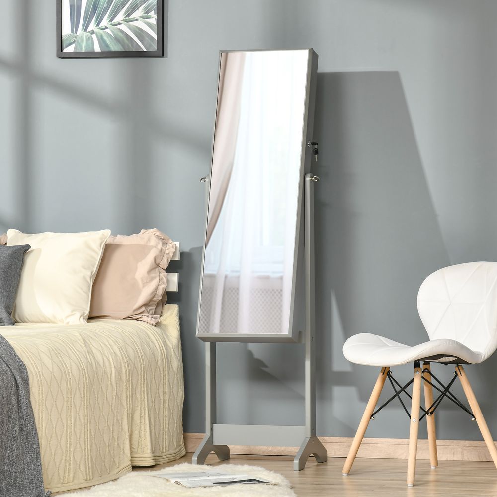 HOMCOM Full Length Mirror with Storage, Jewellery Cabinet with Mirror, Adjustable Angle and Stand, Lockable Jewellery Organiser for Bedroom Dressing