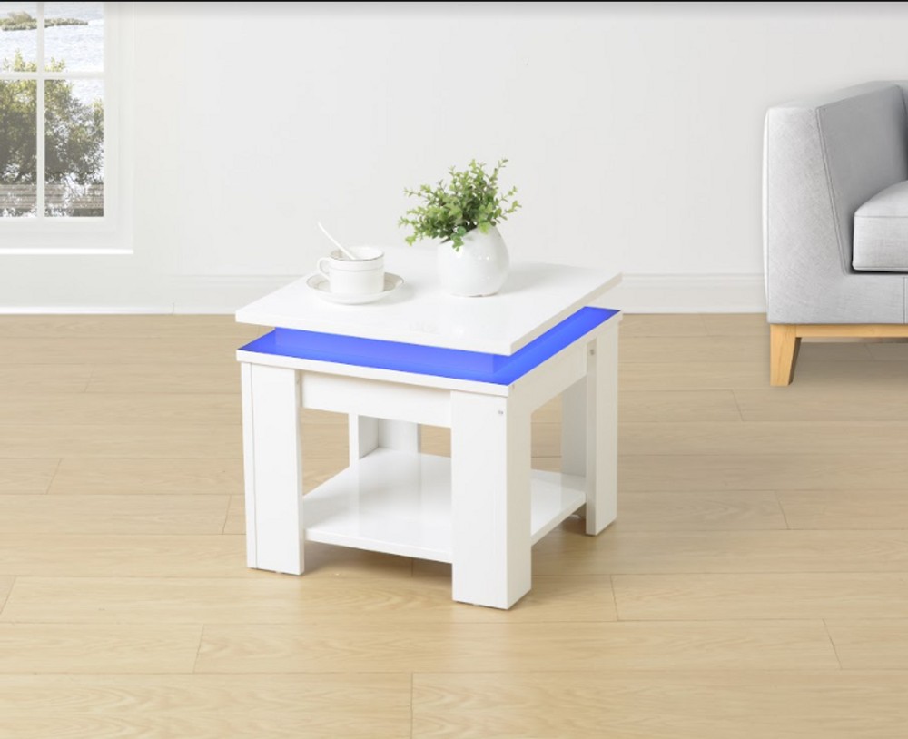 WHITE Square Side Table with BLUE LED Light