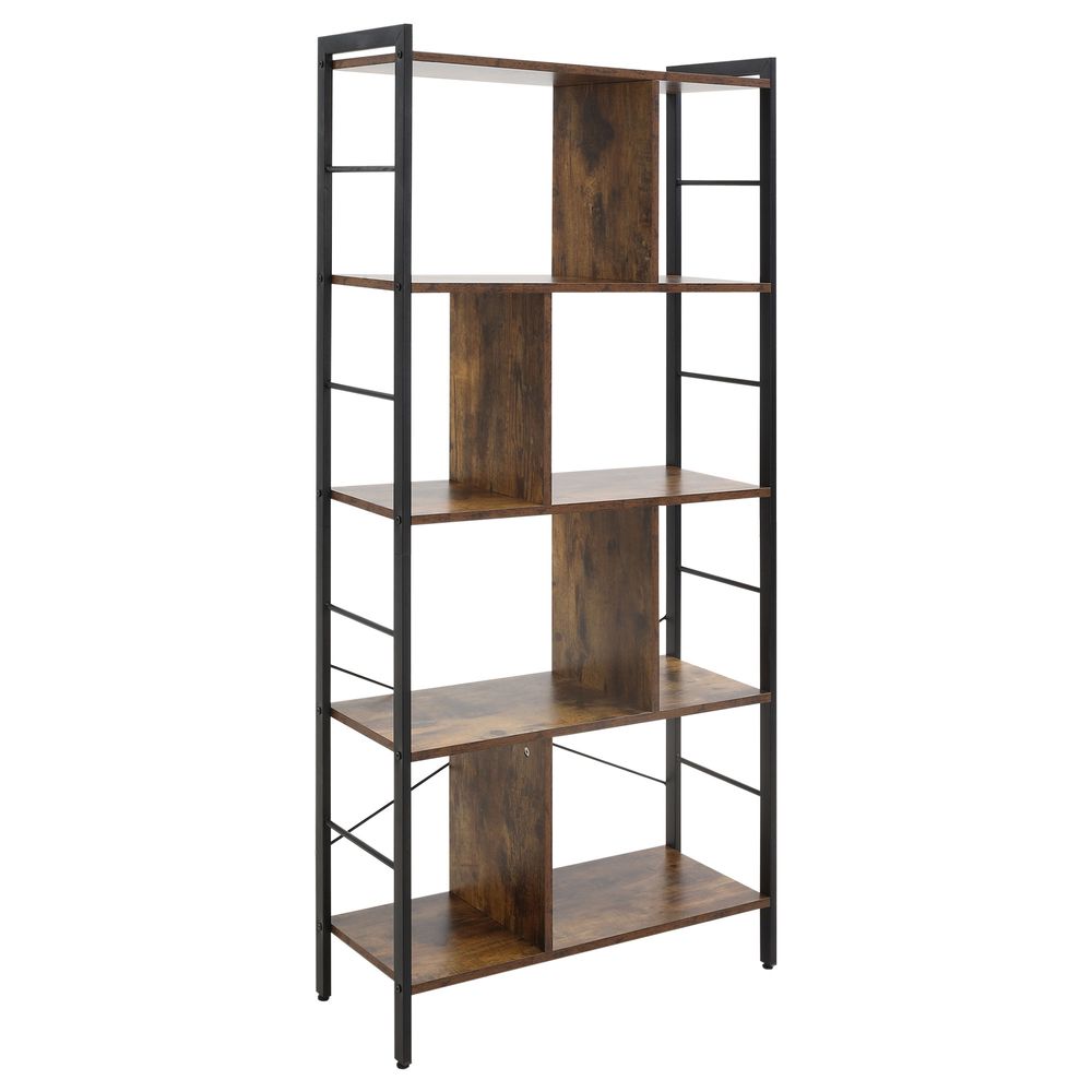 HOMCOM Industrial Storage Shelf Bookcase Closet Floor Standing Display Rack with Tiers, Metal Frame for Living Room & Study, Rustic Brown