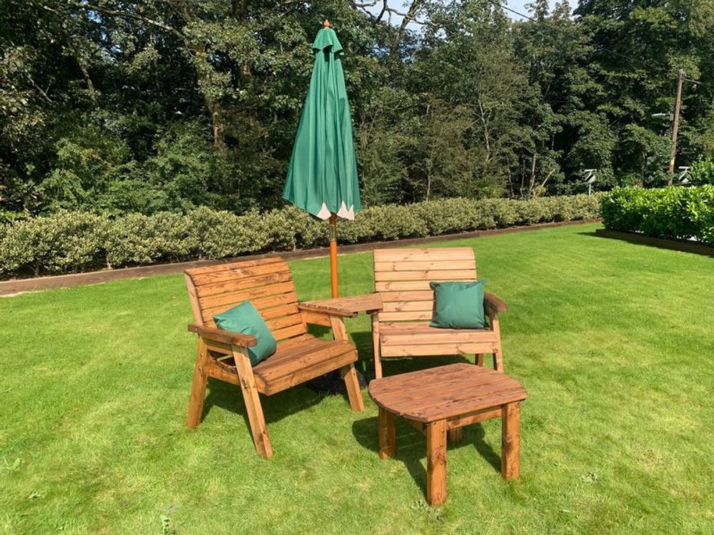 Premium British-made Grand Twin Angled Set + Coffee Table. High-quality, sustainable wood. Rustproof and rot-free. White glove - With Green Cushion