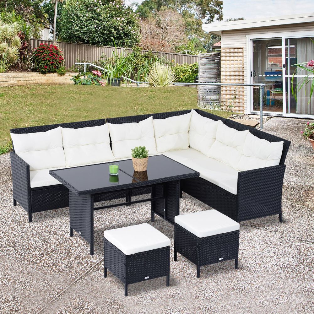 PC Garden Rattan Corner Dining Sofa - -Seater Wicker Table & Stool - Black, cream white