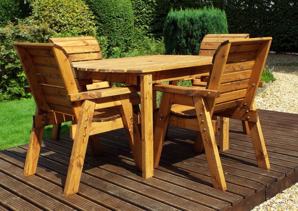 Premium Wood Outdoor Dining Set - Seater Rect Table with Armchairs & Year Guarantee - With Green Cushion