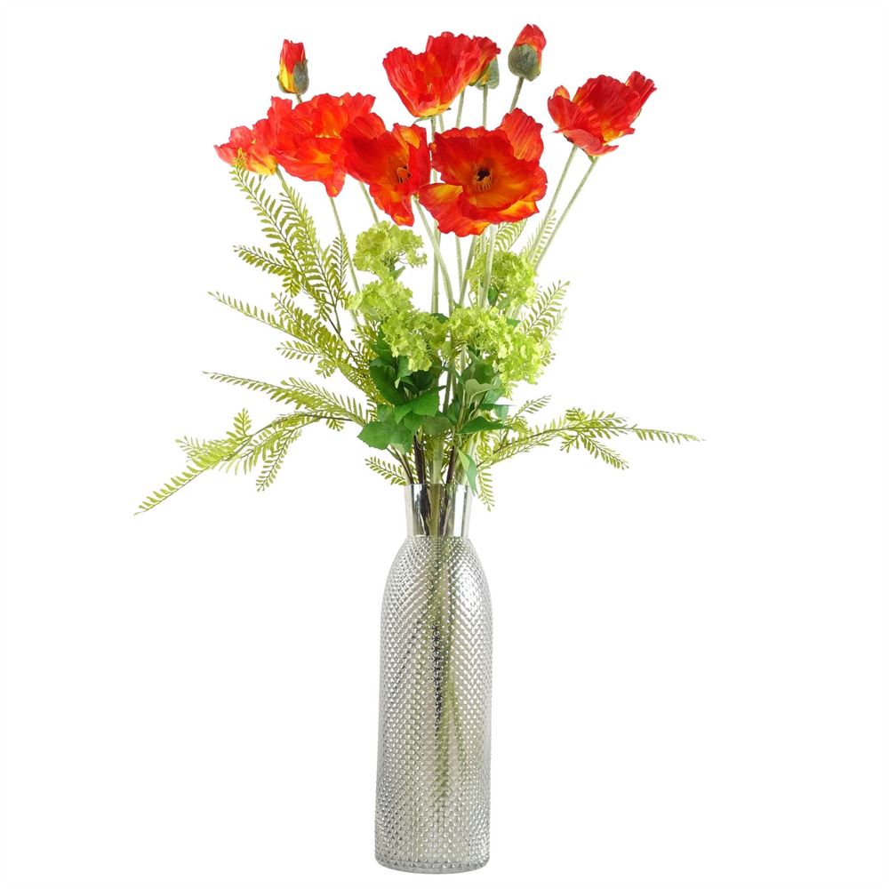 Red Poppy and Fern Glass Vase - Complete Artificial Flower Arrangement for Stunning Home Décor