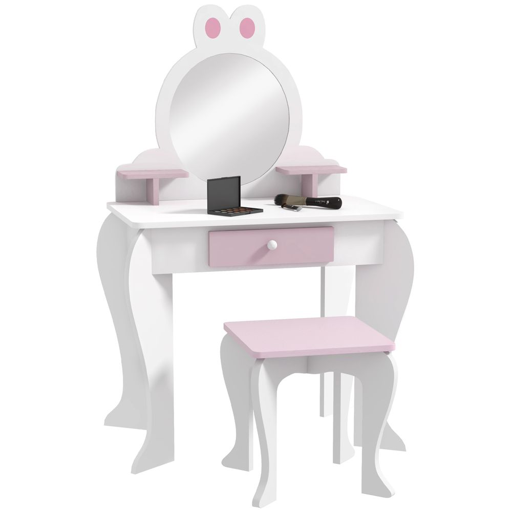ZONEKIZ Kids Dressing Table with Mirror and Stool, Drawer, Storage Shelf