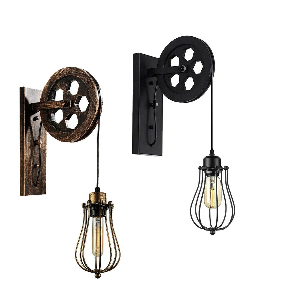 Retro Industrial Pulley Wheel Cage Wall Light E~ - Brushed Copper With Bulb