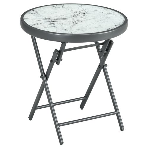 Outsunny Round Folding Side Table w Imitation Marble Glass Top, White